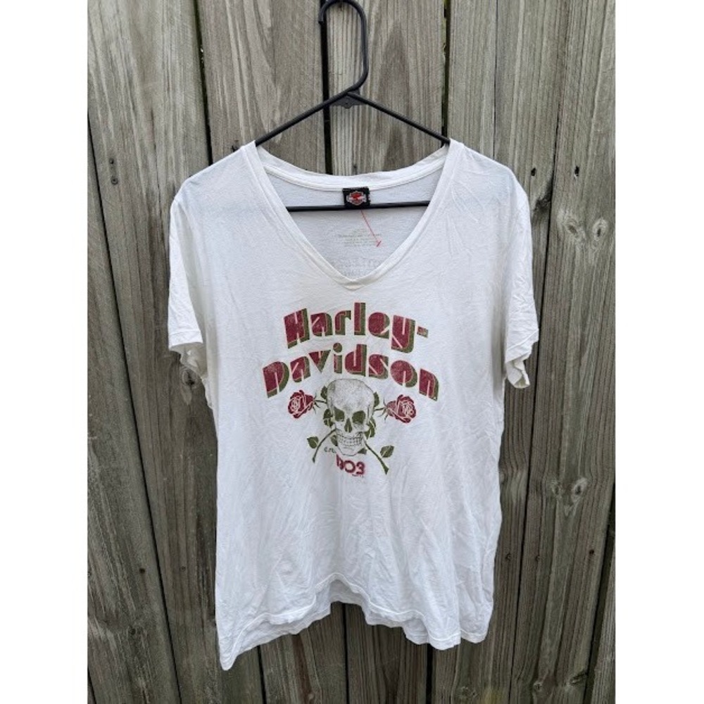 Biker Rocker Harley-Davidson Graphic Tee XL White Skull Roses V-Neck T-Shirt